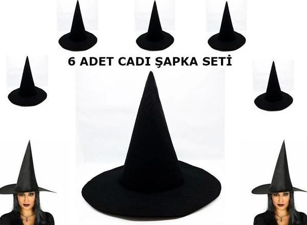 Çocuk Siyah Cadı Şapkası Keçe Yetişkin Boy 6 Adet - Image 1