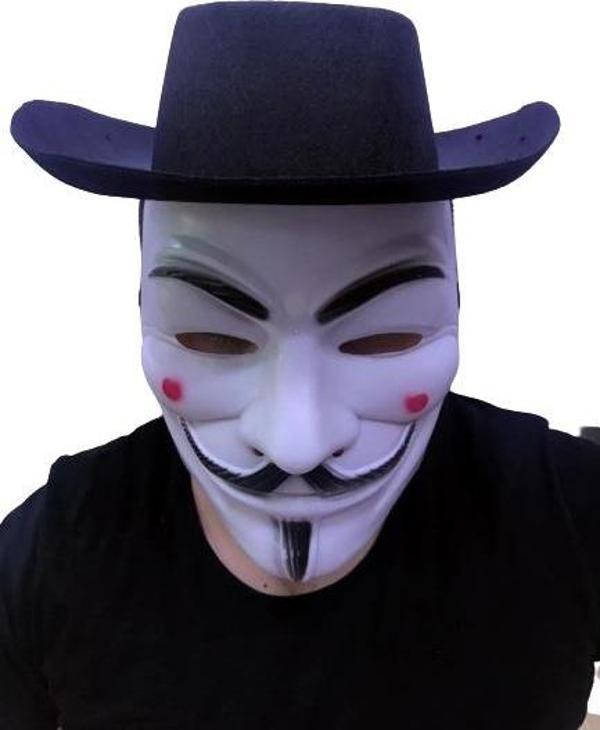 Çocuk Siyah Renkli Delikli Çocuk Boy Vendetta Şapkası ve Vendetta Maskesi - Image 1
