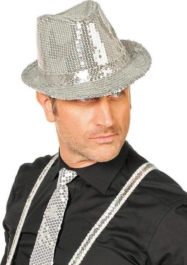 Disko Star Gümüş Payetli Fötr Şapka Yetişkin Boy - Image 1
