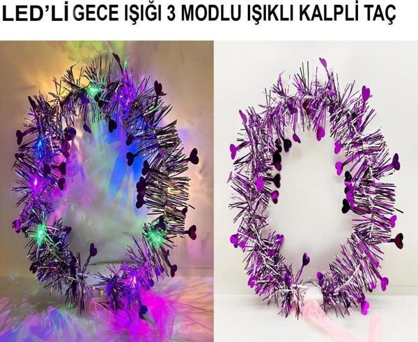 Kalp Püsküllü Gece Parıltısı 3 Modlu LED&#39;li Işıklı Taç Mor Renk - Image 1