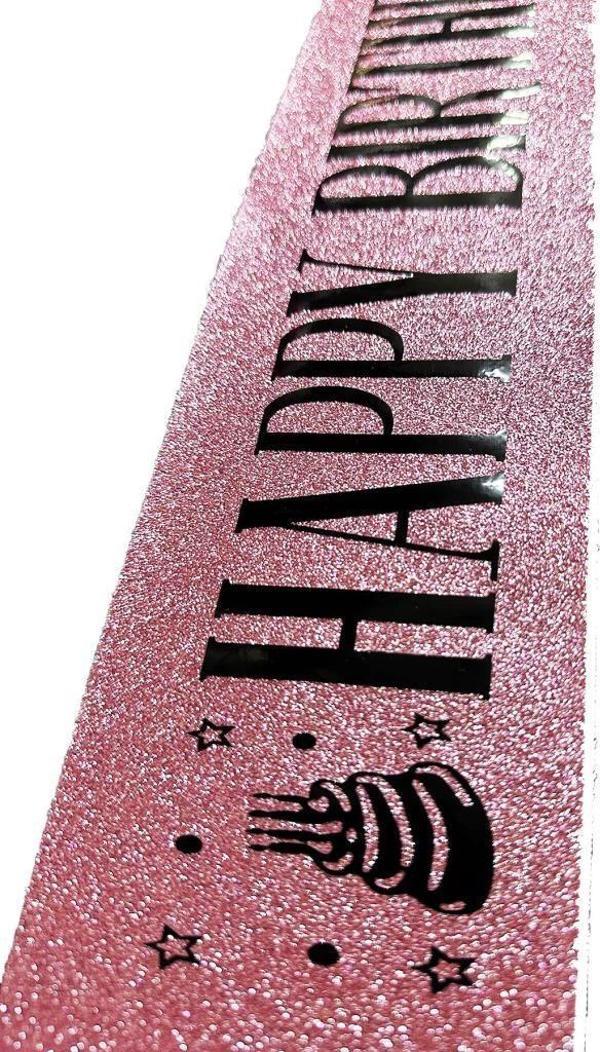 Çocuk Pembe Üzeri Siyah Büyük Happy Birthday Yazılı Simli Işıltılı Kuşak Kemer 10 cm Genişlik - Image 1
