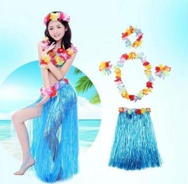 Çocuk Luau Aloha Hawaii Partisi  Etek Taç ve Bileklik Seti Mavi - Image 1