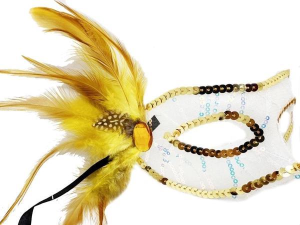 Çocuk Altın Renk Yandan Tüylü Pul Payet İşlemeli Parti Maskesi 23x12 cm - Image 1