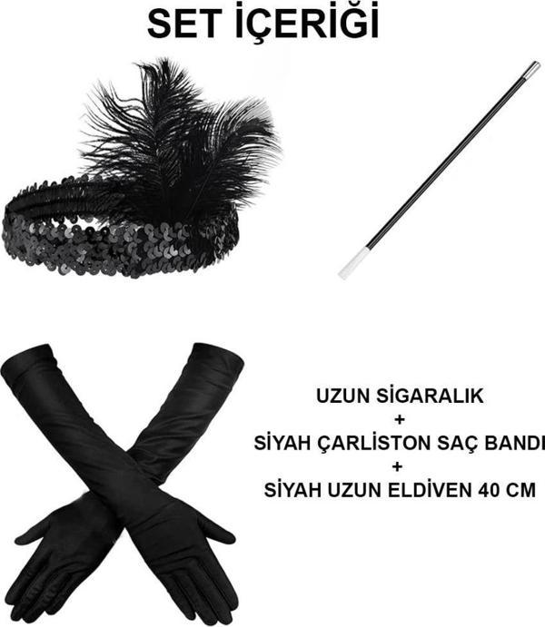 Gatsby Aksesuar Seti Siyah Charleston Saç Bandı Uzun Eldiven ve Sigaralık - Image 1