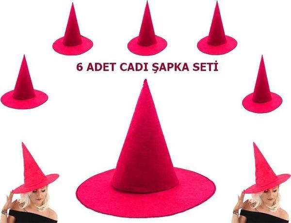 Çocuk   Pembe Fuşya Renk Keçe Cadı Şapkası Yetişkin Çocuk Uyumlu 6 Adet - Image 1