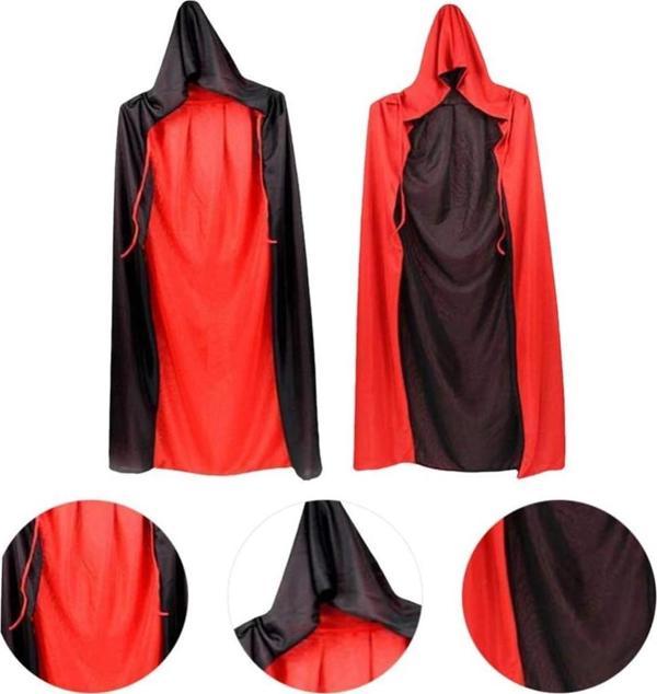 Çocuk Çift Taraflı Kullanılabilir Siyah Kırmızı Kapişonlu Pelerin 90 cm Çocuk - Image 1