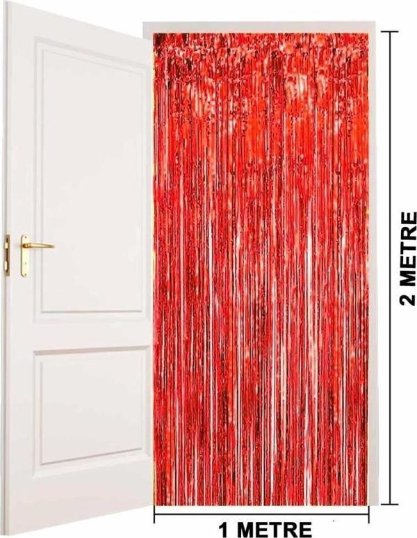 Çocuk Kırmızı Renk Ekstra Metalize Parlak Saçaklı Arka Fon Perde İthal A Kalite 1x2 Metre - Image 1