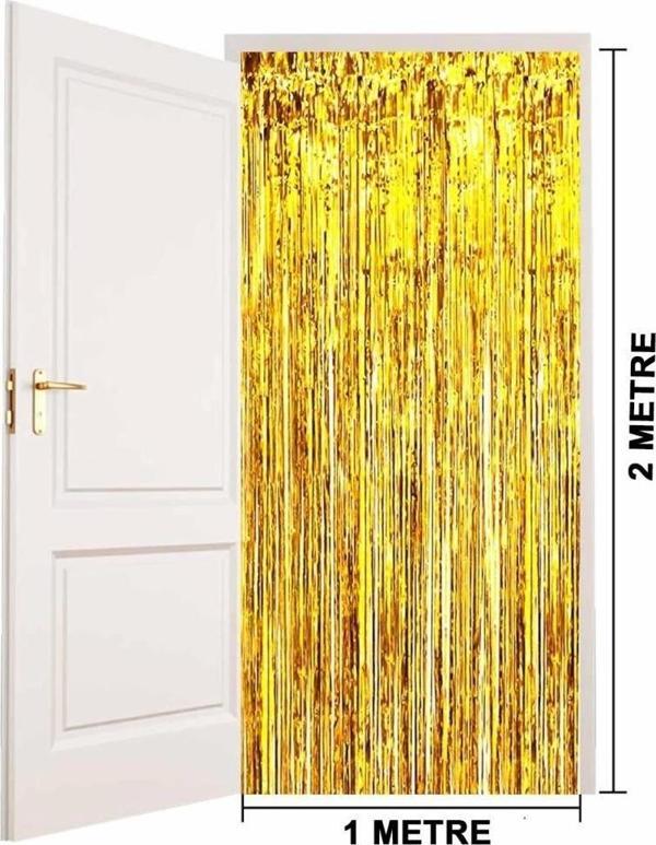 Çocuk Altın Gold Renk Ekstra Metalize Parlak Saçaklı Arka Fon Perde İthal A Kalite 1x2 Metre - Image 1