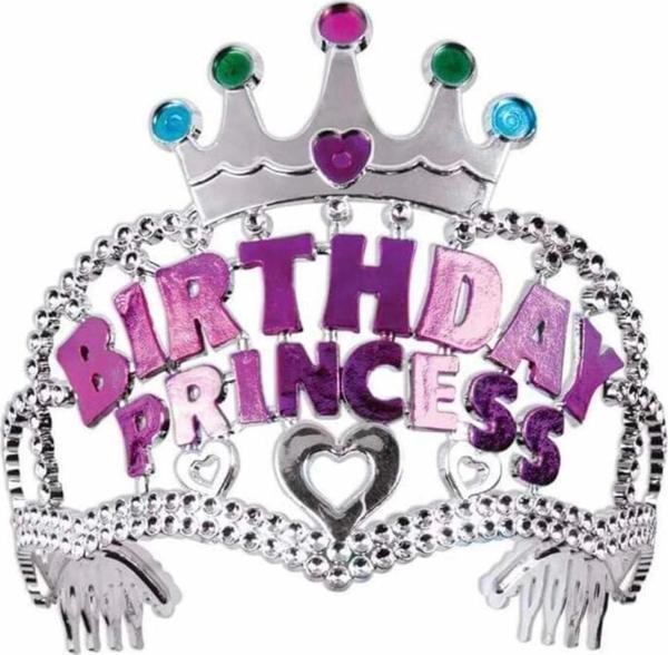 Çocuk GümüşRenkTaçÜzeriPembeBirthdayPrensesYazılıÇocukPartiTacı11X12cm - Image 1