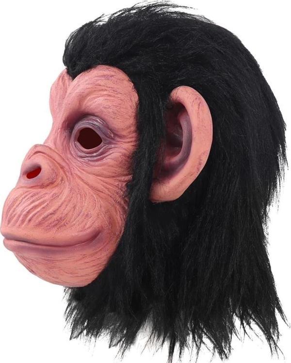 Çocuk Siyah Saçlı Kafaya Tam Geçmeli Lateks Şempanze Maskesi - Lateks Maymun Orangutan Goril Maske E - Image 1