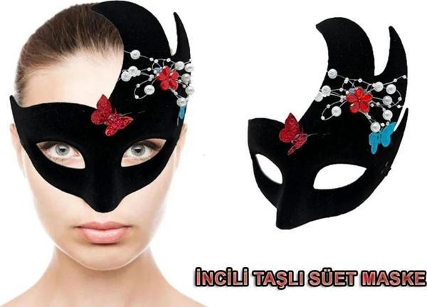 Çocuk Siyah Renk İncili Taşlı Süet Kaplama Venedik Parti Maskesi 20x22 cm - Image 1
