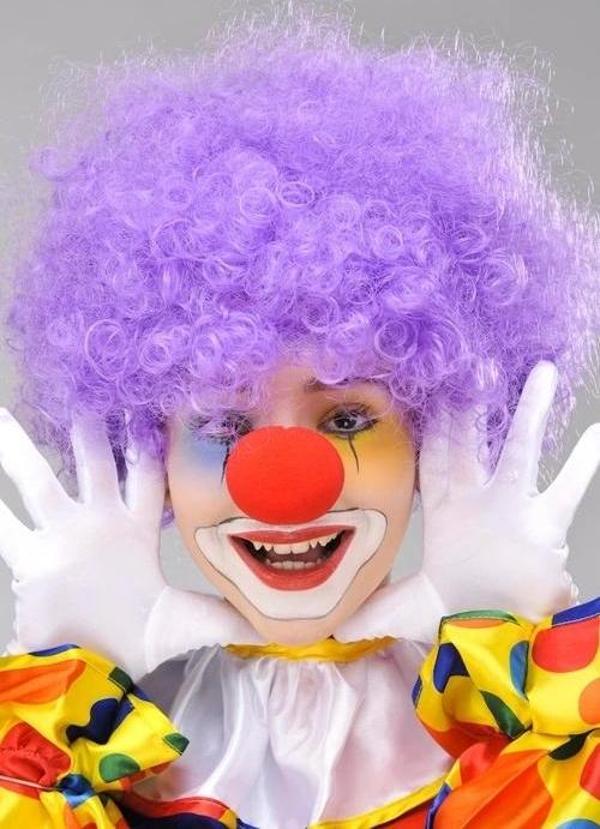 Çocuk Mor Renk Kıvırcık Afro Bonus Peruk Takma Saç ve Kırmızı Burun Seti - Image 1