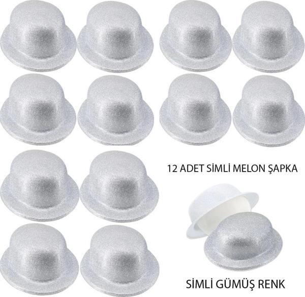 Çocuk Gümüş Renk Simli Melon Yuvarlak Parti Şapkası 12 Adet - Image 1