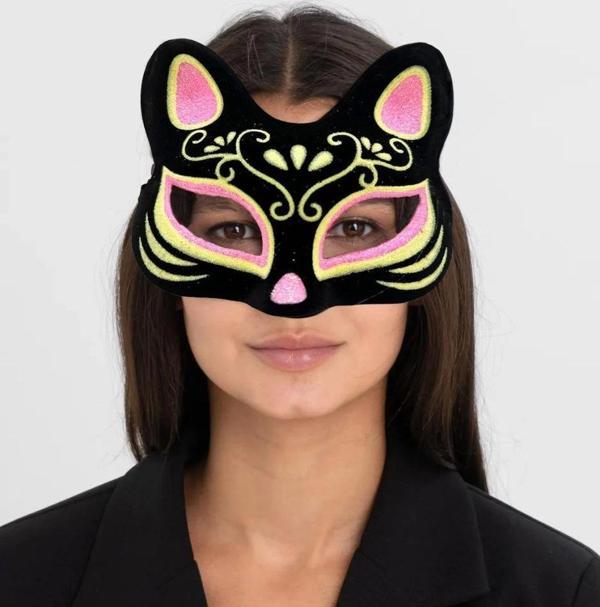 Çocuk Siyah Renk Süet Kaplama Üzeri Pembe Sarı Simli Kedi Maskesi 17x14 cm - Image 1