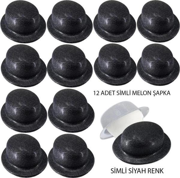 Çocuk   Siyah Renk Simli Melon Yuvarlak Parti Şapkası 12 Adet - Image 1