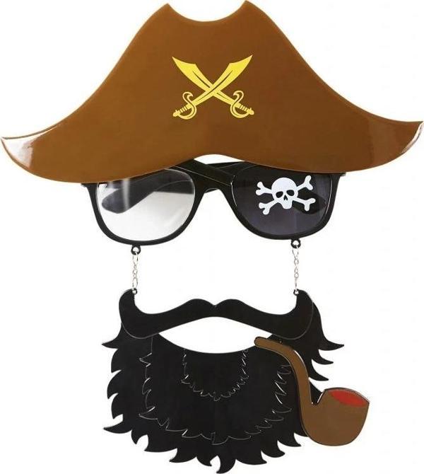 Çocuk Kahve Renk Şapkalı Siyah Sakallı Pipolu Jack Sparrow Denizci Korsan Gözlüğü 24x25 cm - Image 1