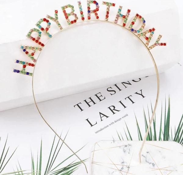 Çocuk   Rengarenk Kristal Taşlı Ekstra Lüks Gümüş Kaplama Happy Birthday Taç 16x17 cm - Image 1