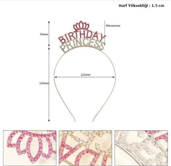 Kristal Taşlı Pembe Birthday Princess Yazılı Parti Tacı 19x11 cm Şık Tasarım - Image 1