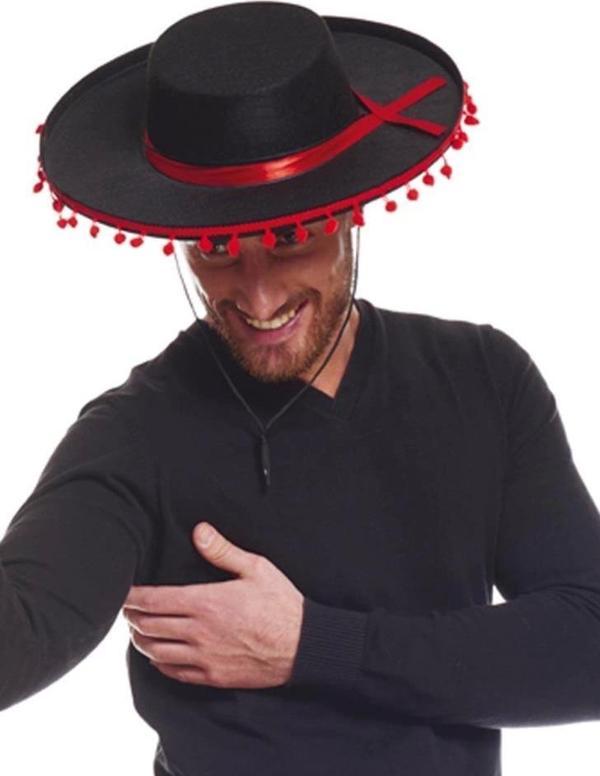 Kırmızı Ponponlu Siyah Yetişkin İspanyol Şapkası Şık ve Eğlenceli Tasarım - Image 1
