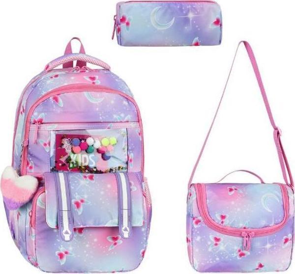 İlkokul Çantası Kız Çocuk 3'lü Set 42*30 Cm Beslenme Çantası Kalem Kutusu Ortopedik Su İtici Kumaş - Image 1