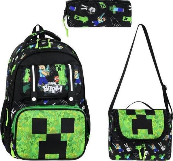 İlkokul Çantası MineCraft 3'lü Set 42*30 Cm Beslenme Çantası Kalem Kutusu Ortopedik Erkek Çocuk - Image 1
