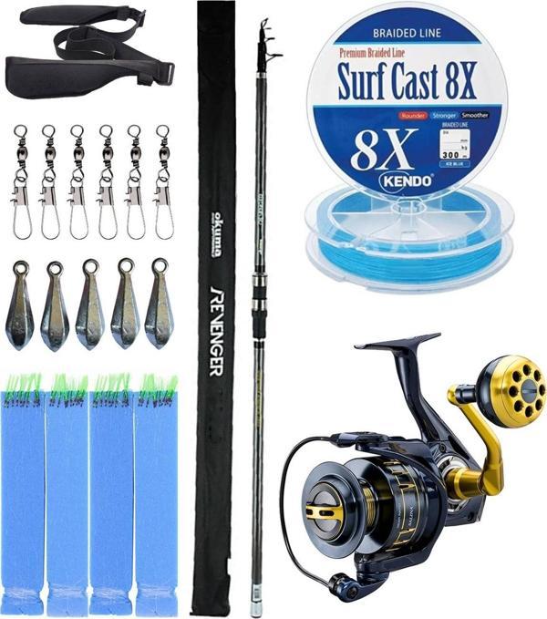 YekOutdoor Profesyonel Olta Seti Okuma Revenger Tele Surf 420 cm 4 Parça Surf Kamışı&Okuma Salina SA-8000A Blue 6+1BB Ol - Image 1