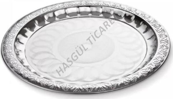 HSGL PALMİYE 2 PASLANMAZ ÇELİK YUVARLAK ÇAY TEPSİSİ 40 CM DESENLİ KAHVE SERVİS TEPSİSİ  - Image 1