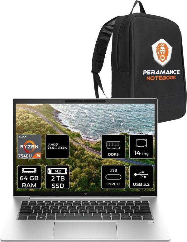 Hp Elitebook 845 G10 R5 7540U 64Gb Ddr5 2Tb Ssd 14'' Wuxga Fdos Dizüstü Bilgisayar & Per4 Çanta - Image 1