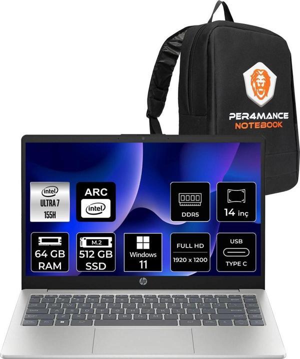 Hp 14 Intel Core Ultra 7 155H 64Gb Ddr5 512Gb Ssd 14" Fhd W11P Dizüstü Bilgisayar & Çanta - Image 1