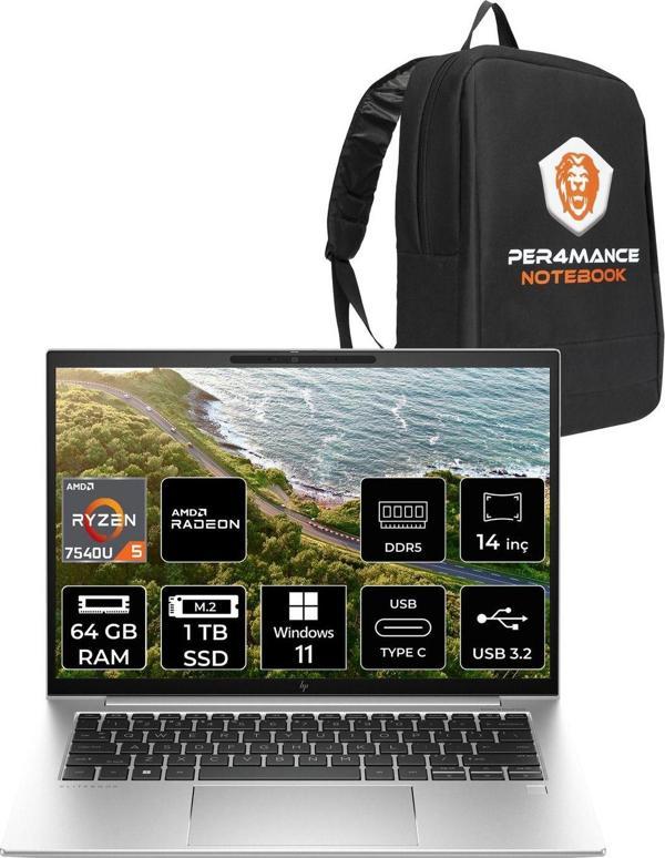 Hp Elitebook 845 G10 R5 7540U 64Gb Ddr5 1Tb Ssd 14'' Wuxga W11H Dizüstü Bilgisayar & Per4 Çanta - Image 1