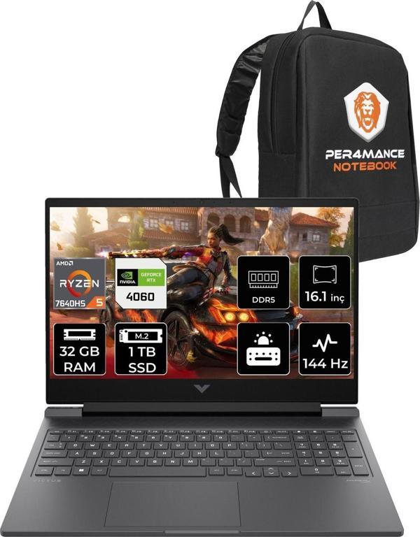 Hp Victus 16 R5 7640Hs 32Gb Ram 1Tb Ssd Rtx4060/8Gb 144Hz 16.1'' Fhd Fdos Gaming Laptop & Per4 Çanta - Image 1