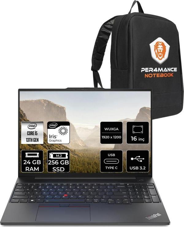 Lenovo Thinkpad E16 G1 İ5 13420H 24Gb 256Gb Ssd Wuxga 16'' Fdos Dizüstü Bilgisayar & Per4 Çanta - Image 1