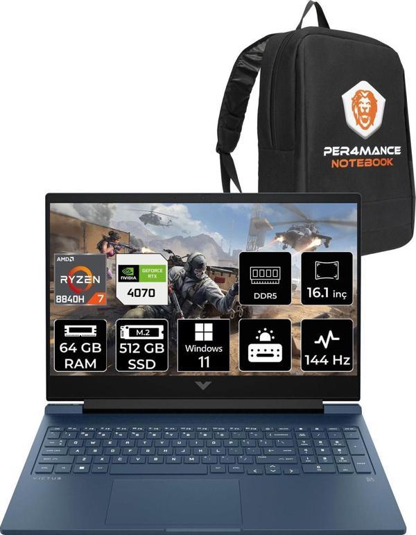 Hp Victus 16 R7 8840H 64Gb Ram 512Gb Ssd Rtx4070/8Gb 144Hz 16.1'' Fhd W11P Gaming Laptop & Per4 - Image 1