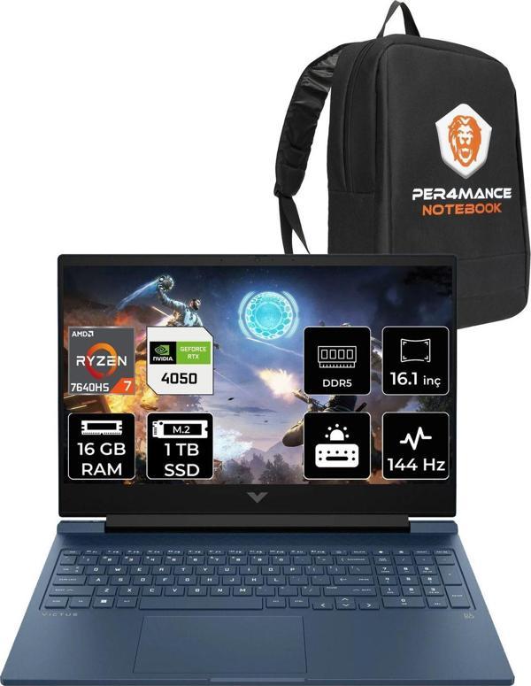 Hp Victus 16 R7 7840Hs 16Gb Ram 1Tb Ssd Rtx4050/6Gb 144Hz 16.1'' Fhd Fdos Gaming Laptop & Per4 Çanta - Image 1