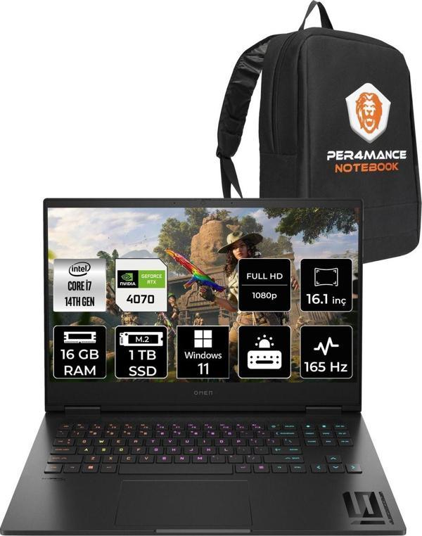 Hp Omen 16 İ7 14700Hx 16Gb Ram 1Tb Ssd Rtx4070/8Gb 165Hz 16.1'' Fhd W11P Gaming Laptop & Per4 Çanta - Image 1