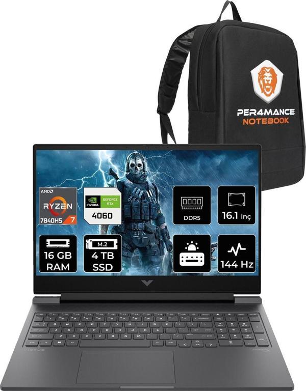 Hp Victus 16 R7 7840Hs 16Gb Ram 4Tb Ssd Rtx4060/8Gb 165Hz 16.1'' Fhd Fdos Gaming Laptop & Per4 Çanta - Image 1