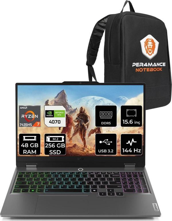 Lenovo Loq R7 7435Hs 48Gb 256Gb Ssd Rtx4070/8Gb 115W 144Hz Fhd 15.6" Fdos Gaming Laptop & Per4 Çanta - Image 1