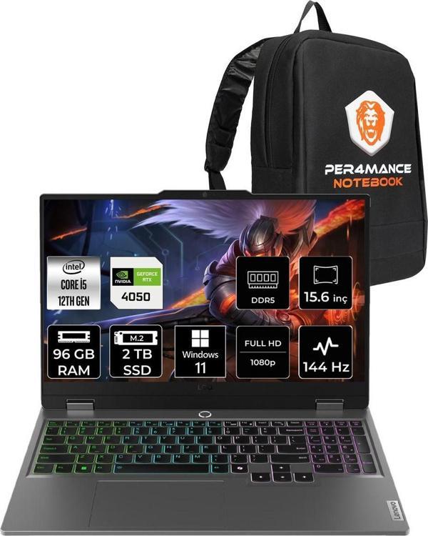 Lenovo Loq İ5 12600Hx 96Gb 2Tb Ssd Rtx4050/6Gb 105W 144Hz 15.6" W11H Gaming Laptop & Per4 Çanta - Image 1