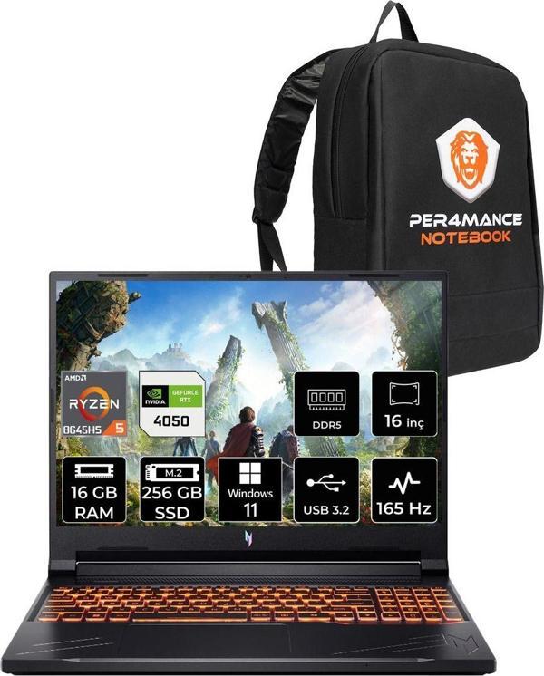 Acer Nitro V 16 R5 8645Hs 16Gb 256Gb Ssd Rtx4050/6Gb 85W 16'' Wuxga 165Hz W11H Gaming Laptop & Çanta - Image 1