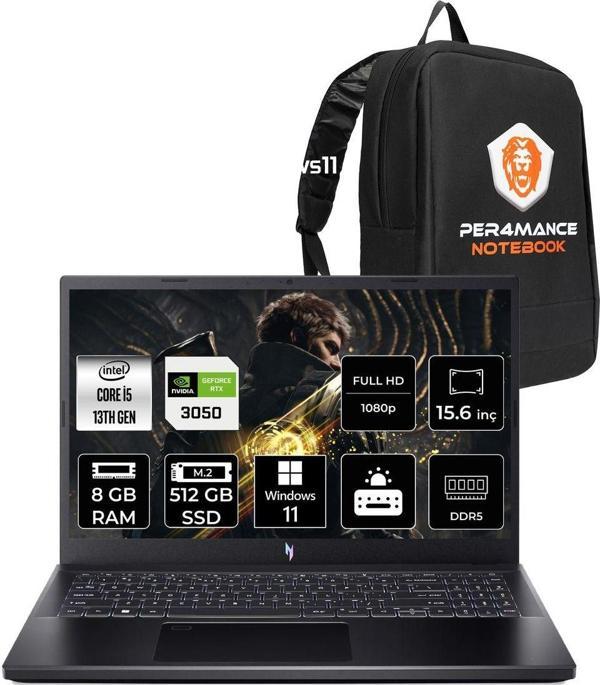 Acer Nitro V15 İ5-13420H 8Gb 512Gb Ssd Rtx3050/6Gb 15.6'' 144Hz Fhd W11P Gaming Laptop & Per4 Çanta - Image 1