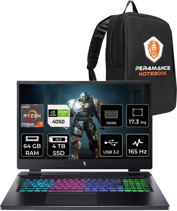 Acer Nitro 17 R7 7735Hs 64Gb 4Tb Ssd Rtx4050/6Gb 140W 17.3'' Fhd 165Hz Fdos Gaming Laptop & Çanta - Image 1