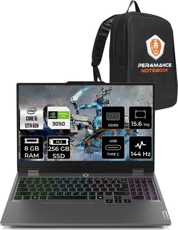 Lenovo Loq İ5 12600Hx 8Gb 256Gb Ssd Rtx3050/6Gb 15.6" Fhd 144Hz Fdos Gaming Laptop & Per4 Çanta - Image 1