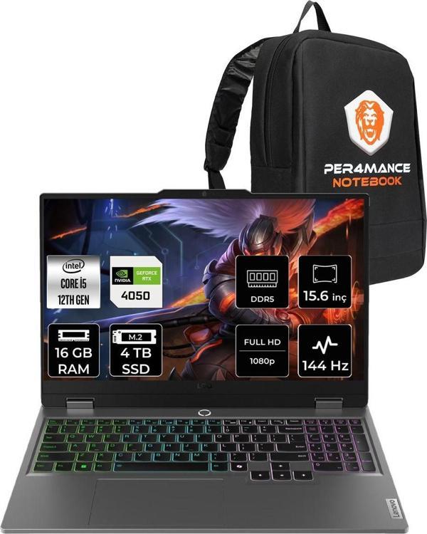 Lenovo Loq İ5 12600Hx 16Gb 4Tb Ssd Rtx4050/6Gb 105W 144Hz 15.6" Fdos Gaming Laptop & Per4 Çanta - Image 1