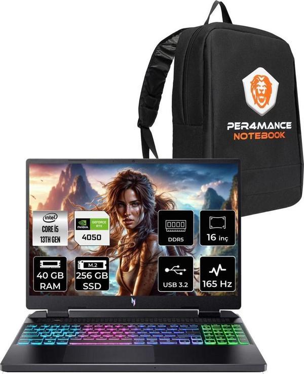 Acer Nitro 16 İ5-13420H 40Gb 256Gb Ssd Rtx4050/6Gb 140W 16'' 165Hz Wuxga Fdos Gaming Laptop & Çanta - Image 1