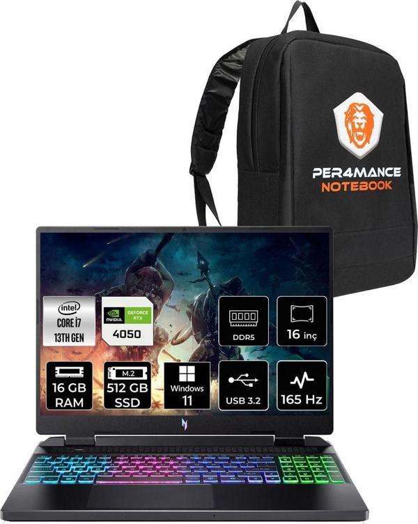 Acer Nitro 16 İ7-13620H 16Gb 512Gb Ssd Rtx4050/6Gb 140W 16'' 165Hz Wuxga W11P Gaming Laptop & Çanta - Image 1