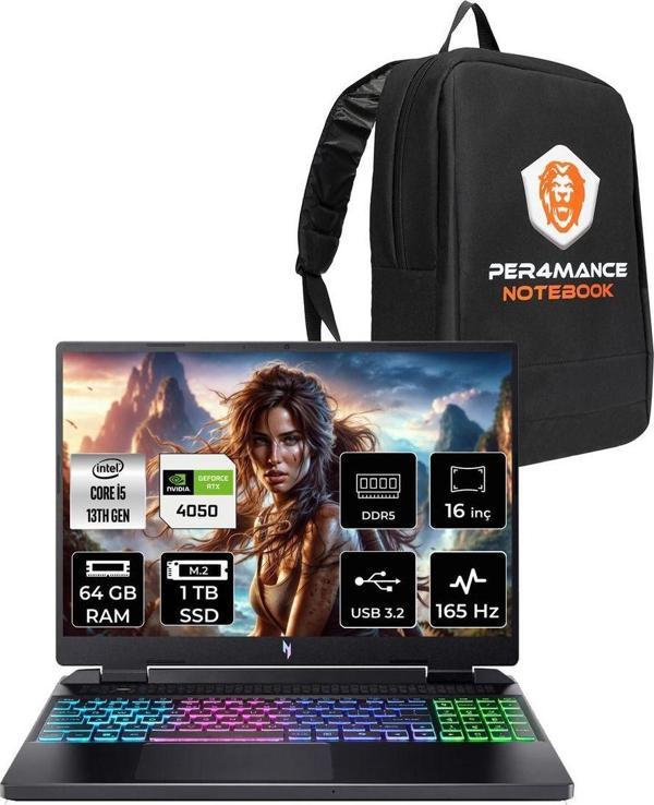 Acer Nitro 16 İ5-13420H 64Gb 1Tb Ssd Rtx4050/6Gb 140W 16'' 165Hz Wuxga Fdos Gaming Laptop & Çanta - Image 1