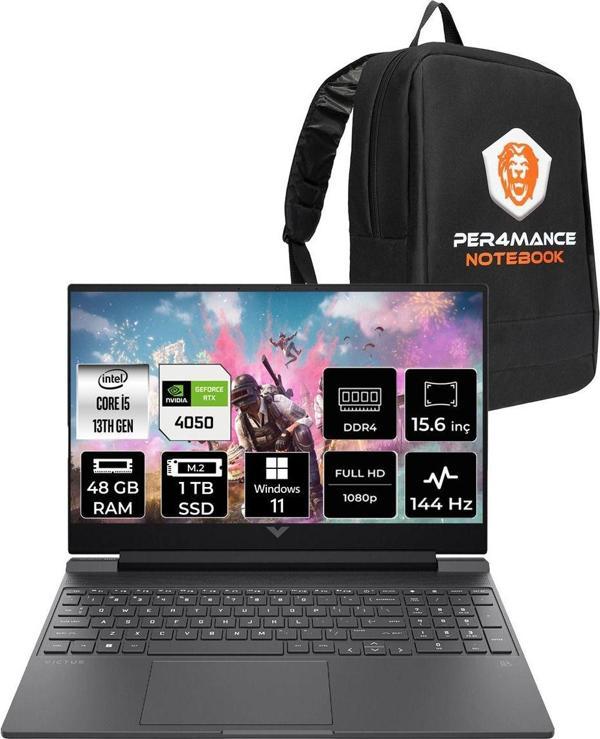Hp Victus 15 İ5-13420H 48Gb 1Tb Ssd Rtx4050/6Gb 144Hz 15.6'' Fhd W11P Gaming Laptop & Per4 Çanta - Image 1