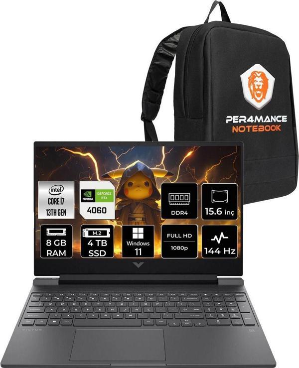 Hp Victus 15 İ7-13620H 8Gb 4Tb Ssd Rtx4060/8Gb 144Hz 15.6'' Fhd W11P Gaming Laptop & Per4 Çanta - Image 1