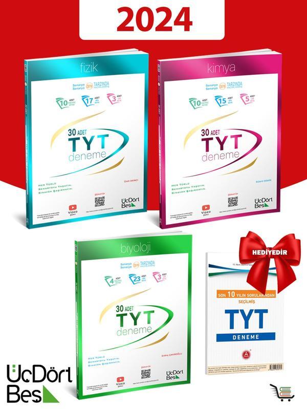 345-2024 Model Hediyeli TYT Fizik-Kimya-Biyoloji Deneme Seti Toplam 3 Kaynak 90 Deneme - Üç Dört Beş Yayınları - Image 1
