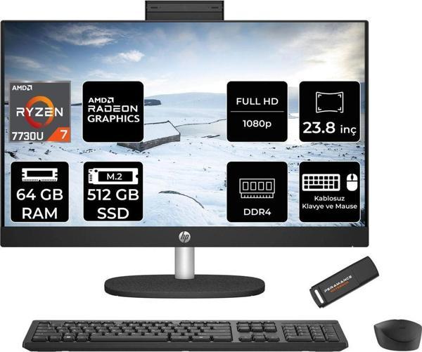 Hp 24-Cr0013Nt R7 7730U 64Gb 512Gb Ssd Radeon Graphics 23.8" Fhd Ips Fdos All In One Pc Siyah & Per4 - Image 1